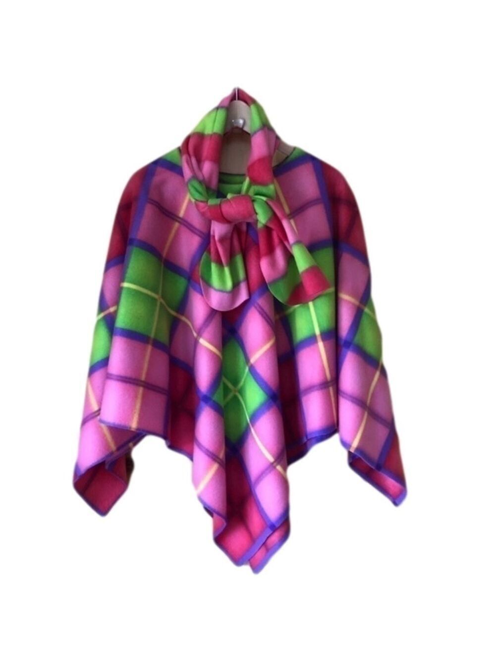 Bright multicolored plaid fleece handmade poncho & scarf set OS